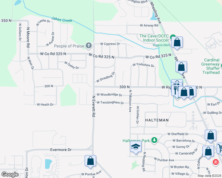 map of restaurants, bars, coffee shops, grocery stores, and more near 3012 West Woodbridge Drive in Muncie