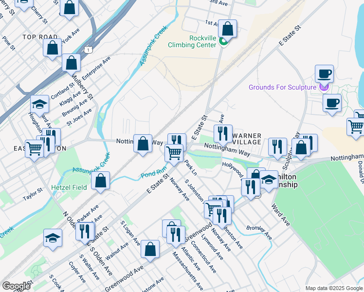 map of restaurants, bars, coffee shops, grocery stores, and more near 1121 Nottingham Way in Hamilton Township