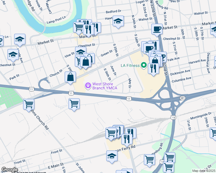 map of restaurants, bars, coffee shops, grocery stores, and more near 3605 March Drive in Camp Hill