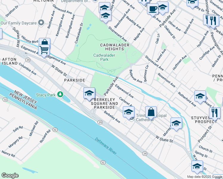 map of restaurants, bars, coffee shops, grocery stores, and more near 949 Carteret Avenue in Trenton