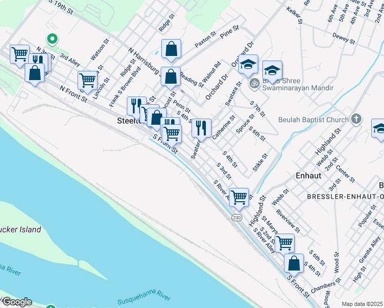 map of restaurants, bars, coffee shops, grocery stores, and more near 198 South 2nd Street in Steelton