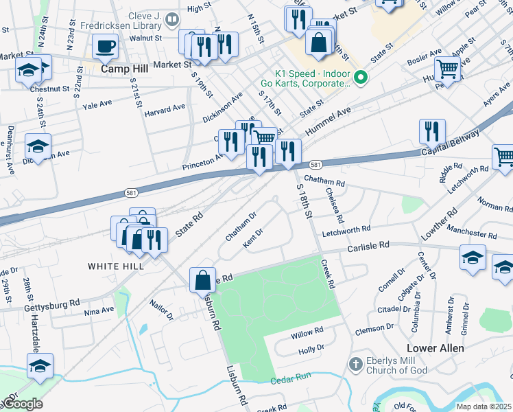 map of restaurants, bars, coffee shops, grocery stores, and more near 1906 Chatham Drive in Camp Hill