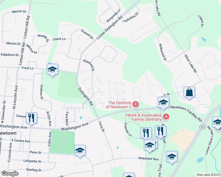 map of restaurants, bars, coffee shops, grocery stores, and more near 8 Farmington Place in Newtown