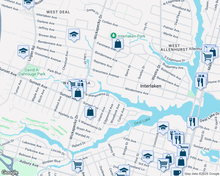 map of restaurants, bars, coffee shops, grocery stores, and more near 610 Windermere Avenue in Interlaken