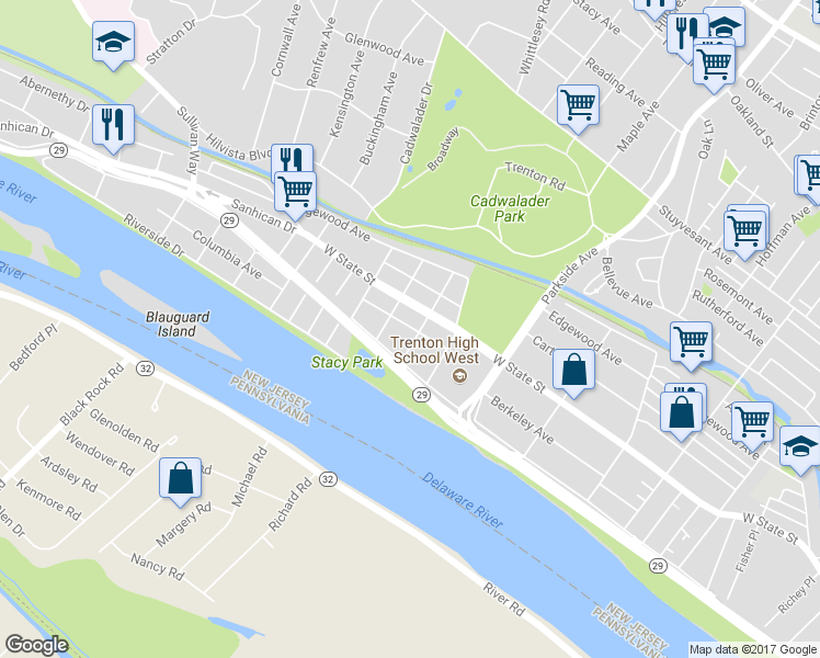 map of restaurants, bars, coffee shops, grocery stores, and more near 27 South Eastfield Avenue in Trenton