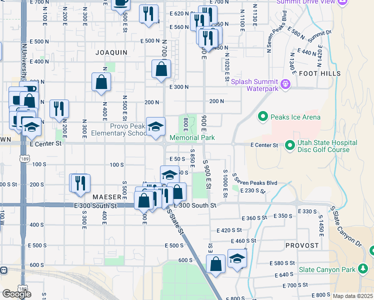 map of restaurants, bars, coffee shops, grocery stores, and more near 781 East 50 South in Provo