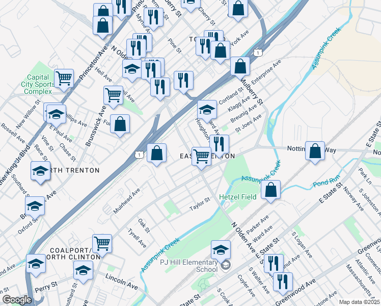 map of restaurants, bars, coffee shops, grocery stores, and more near North Olden Avenue & Saint Joes Avenue in Trenton