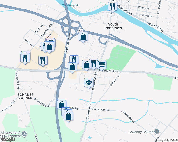 map of restaurants, bars, coffee shops, grocery stores, and more near 92 West Schuylkill Road in Pottstown