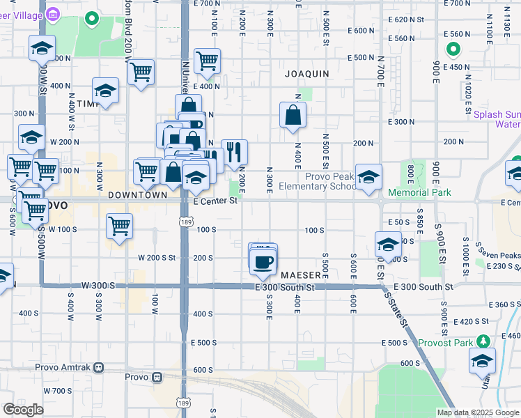 map of restaurants, bars, coffee shops, grocery stores, and more near 40 South 300 East in Provo