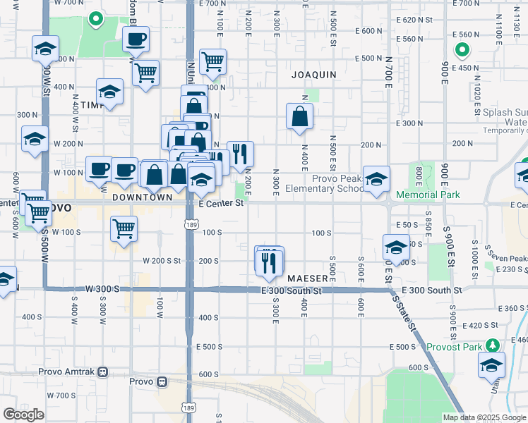 map of restaurants, bars, coffee shops, grocery stores, and more near 40 South 300 East in Provo