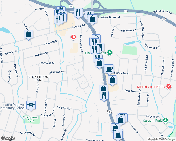 map of restaurants, bars, coffee shops, grocery stores, and more near 80 Stonehurst Boulevard in Freehold