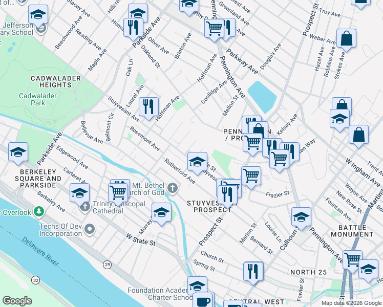 map of restaurants, bars, coffee shops, grocery stores, and more near 616 Stuyvesant Avenue in Trenton