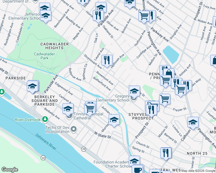 map of restaurants, bars, coffee shops, grocery stores, and more near 405 North Hermitage Avenue in Trenton