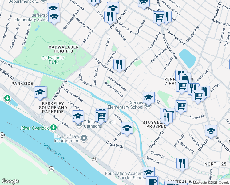map of restaurants, bars, coffee shops, grocery stores, and more near 720 Bellevue Avenue in Trenton