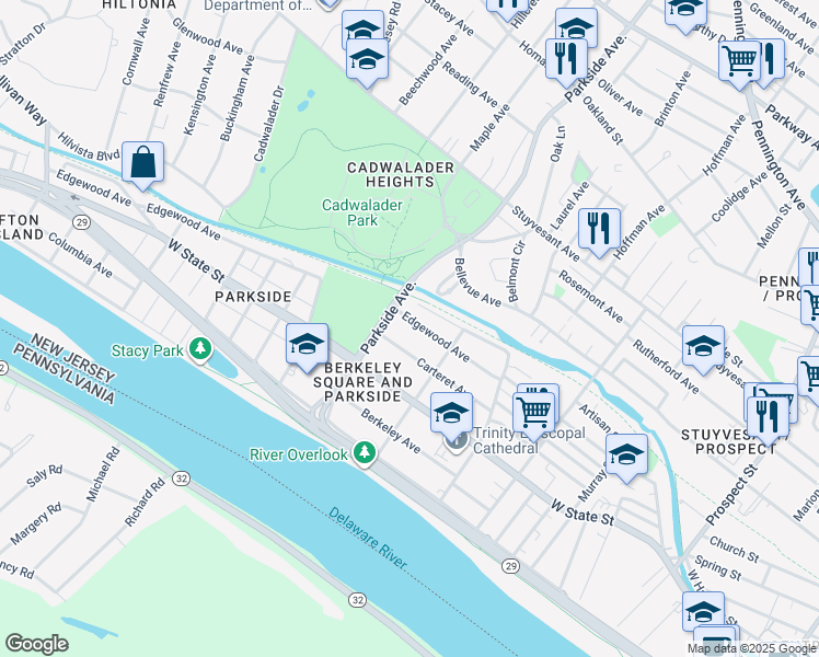 map of restaurants, bars, coffee shops, grocery stores, and more near 921 Edgewood Avenue in Trenton