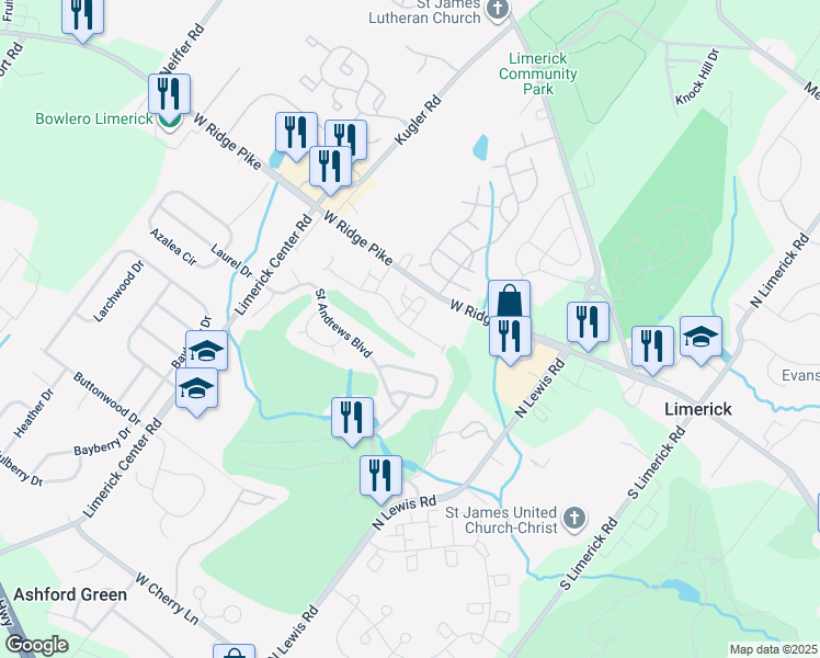 map of restaurants, bars, coffee shops, grocery stores, and more near 2402 Hunsberger Drive in Royersford