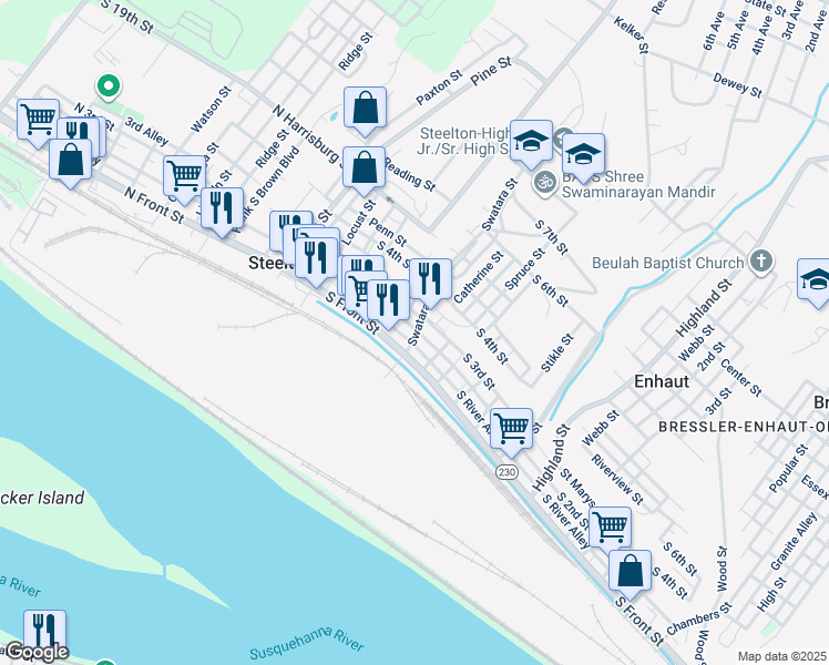 map of restaurants, bars, coffee shops, grocery stores, and more near 214 South 2nd Street in Steelton