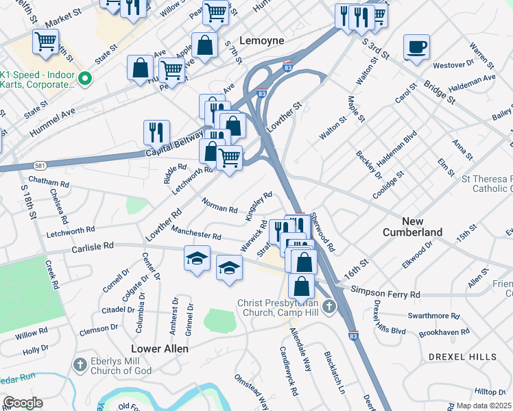 map of restaurants, bars, coffee shops, grocery stores, and more near 1195 Kingsley Road in Camp Hill