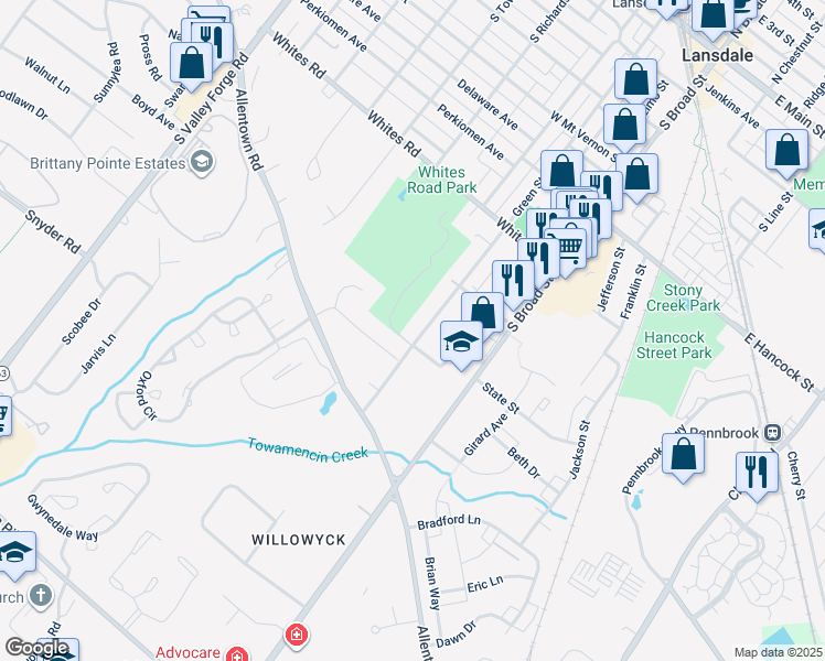map of restaurants, bars, coffee shops, grocery stores, and more near 725 Green Street in Lansdale