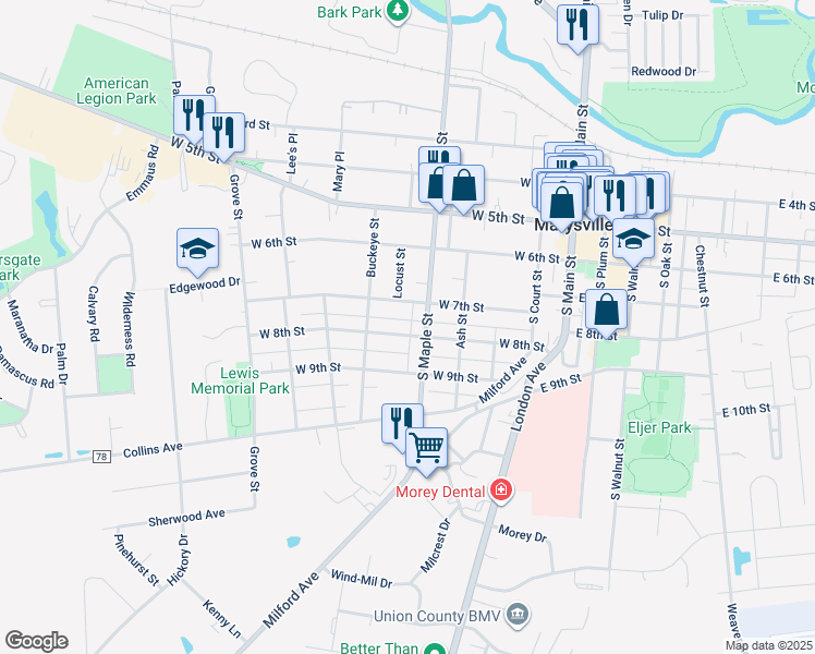 map of restaurants, bars, coffee shops, grocery stores, and more near 403 South Maple Street in Marysville