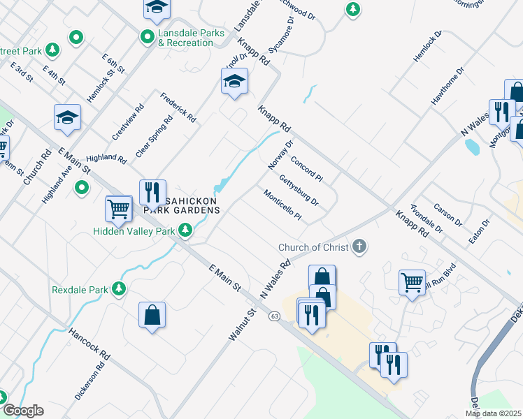 map of restaurants, bars, coffee shops, grocery stores, and more near 825 Yorktown Street in Lansdale