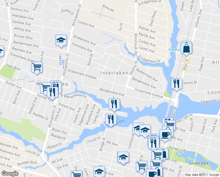 map of restaurants, bars, coffee shops, grocery stores, and more near 501 Windermere Avenue in Interlaken