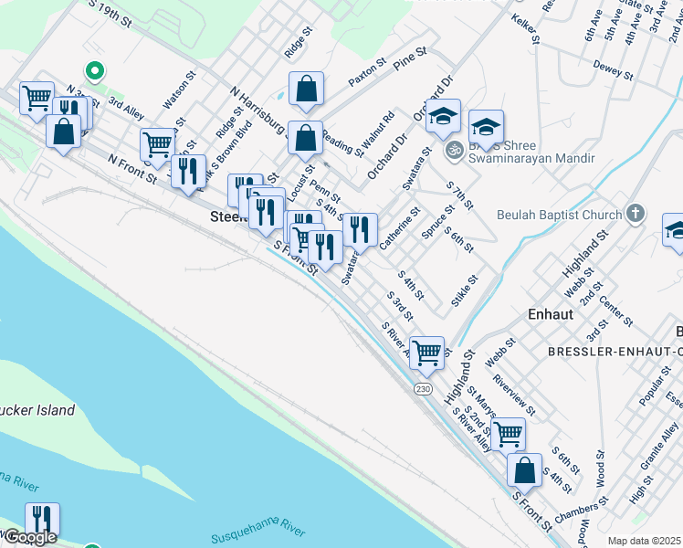 map of restaurants, bars, coffee shops, grocery stores, and more near 198 South 2nd Street in Steelton