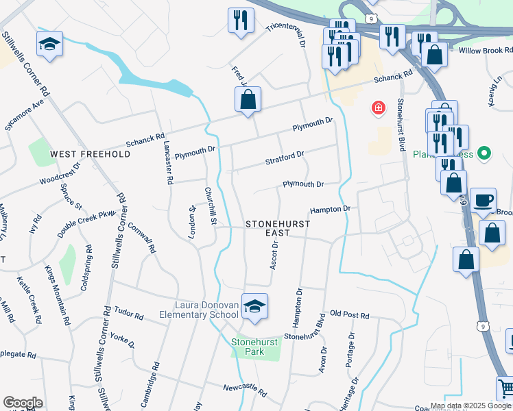map of restaurants, bars, coffee shops, grocery stores, and more near 6 Plymouth Drive in Freehold