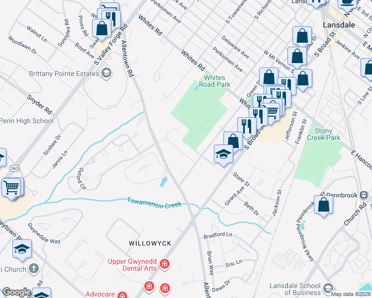 map of restaurants, bars, coffee shops, grocery stores, and more near 722 Green Street in Lansdale
