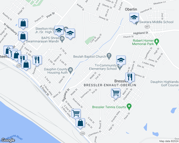 map of restaurants, bars, coffee shops, grocery stores, and more near 573 Highland Street in Harrisburg