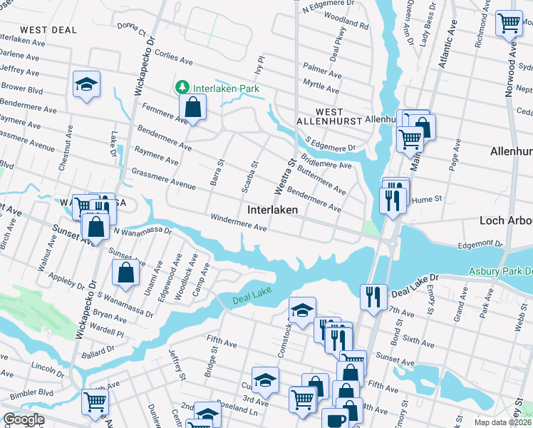 map of restaurants, bars, coffee shops, grocery stores, and more near 405 Windermere Avenue in Interlaken