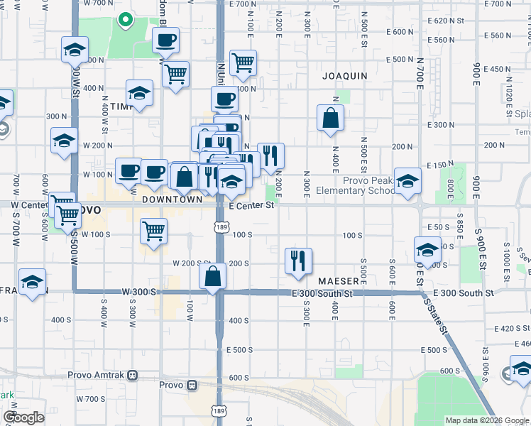 map of restaurants, bars, coffee shops, grocery stores, and more near 150 East Center Street in Provo