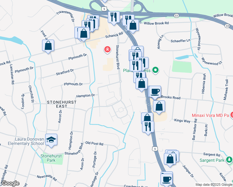 map of restaurants, bars, coffee shops, grocery stores, and more near 61 Stonehurst Boulevard in Freehold