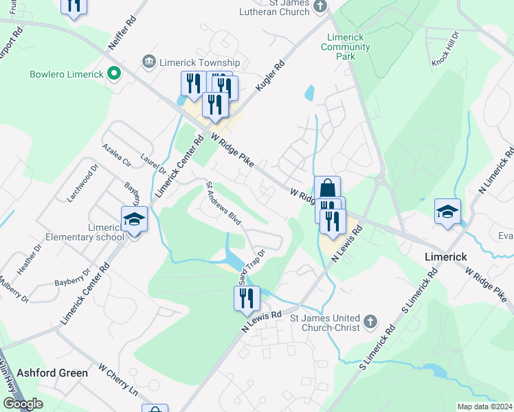 map of restaurants, bars, coffee shops, grocery stores, and more near 2301 Hunsberger Drive in Royersford