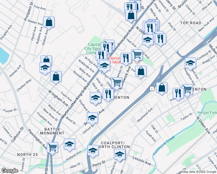 map of restaurants, bars, coffee shops, grocery stores, and more near 33 Chase Court in Trenton