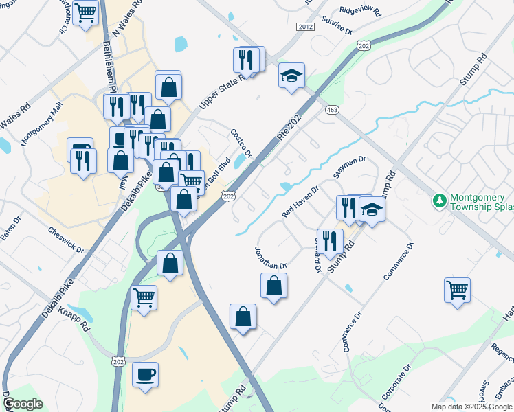 map of restaurants, bars, coffee shops, grocery stores, and more near 301 Anthony Court in North Wales