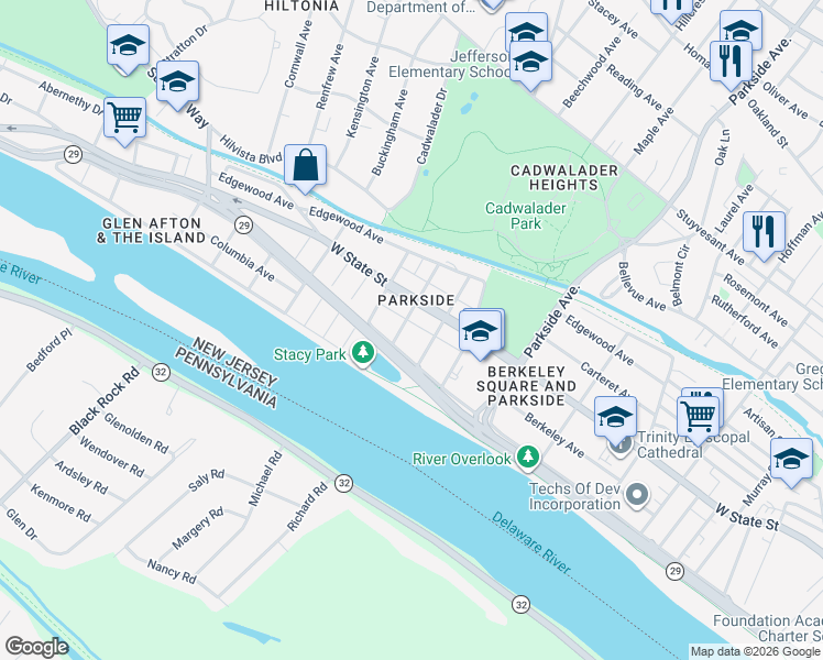 map of restaurants, bars, coffee shops, grocery stores, and more near 27 South Eastfield Avenue in Trenton