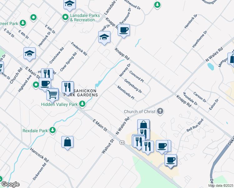 map of restaurants, bars, coffee shops, grocery stores, and more near 825 Yorktown Street in Lansdale