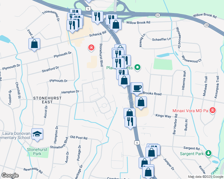 map of restaurants, bars, coffee shops, grocery stores, and more near 80 Stonehurst Boulevard in Freehold