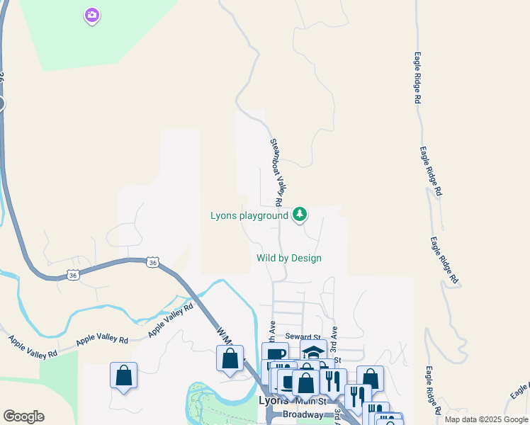 map of restaurants, bars, coffee shops, grocery stores, and more near 1015 Steamboat Valley Road in Lyons