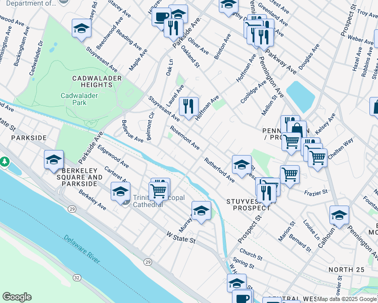 map of restaurants, bars, coffee shops, grocery stores, and more near 656 Rutherford Avenue in Trenton