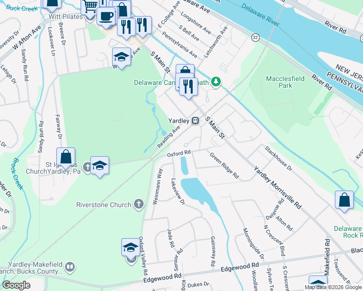 map of restaurants, bars, coffee shops, grocery stores, and more near 112 Lantern Court in Yardley