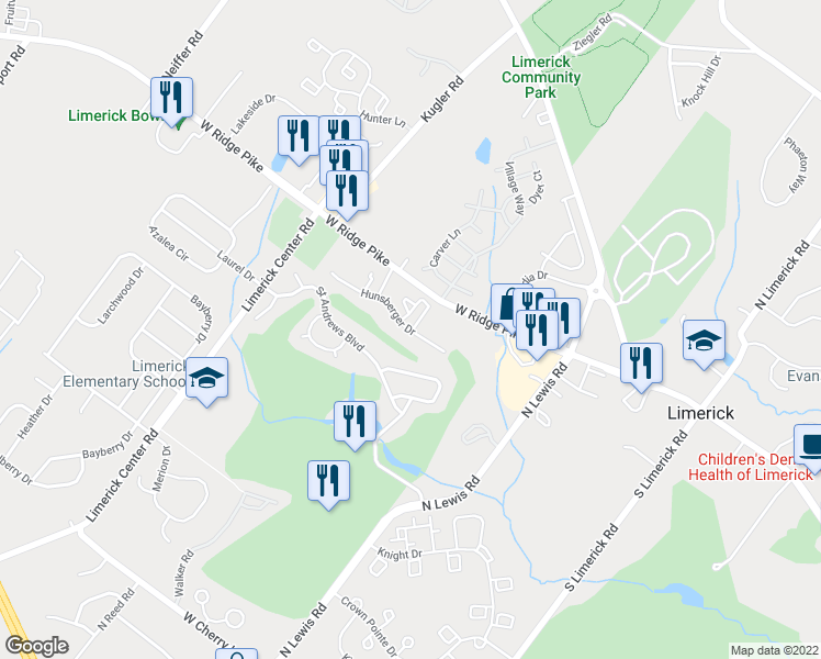 map of restaurants, bars, coffee shops, grocery stores, and more near 2402 Hunsberger Drive in Royersford