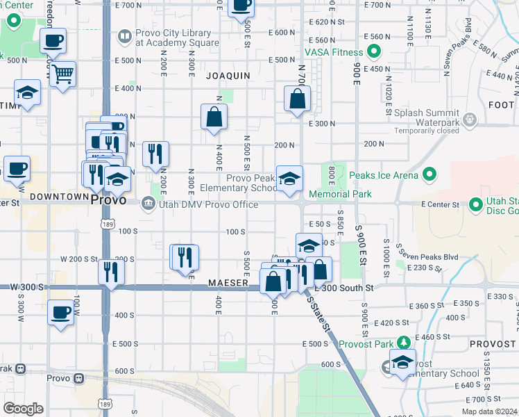 map of restaurants, bars, coffee shops, grocery stores, and more near 57 South 500 East in Provo