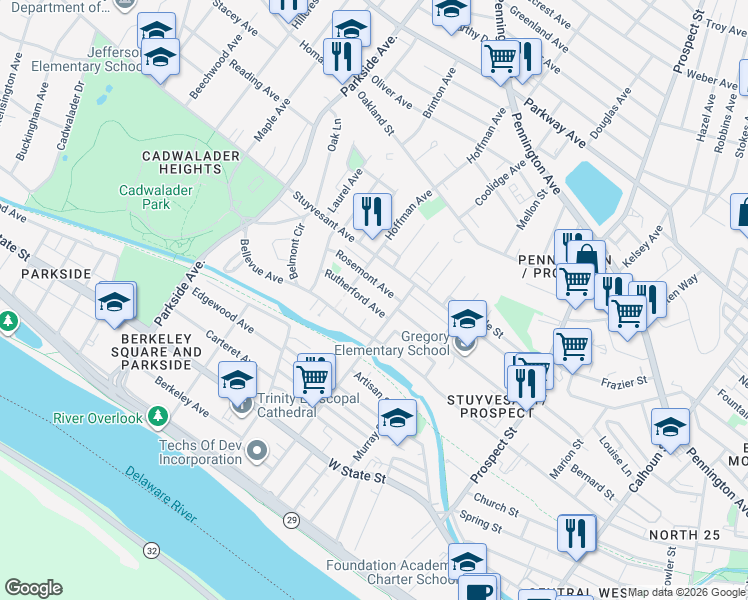 map of restaurants, bars, coffee shops, grocery stores, and more near 405 North Hermitage Avenue in Trenton