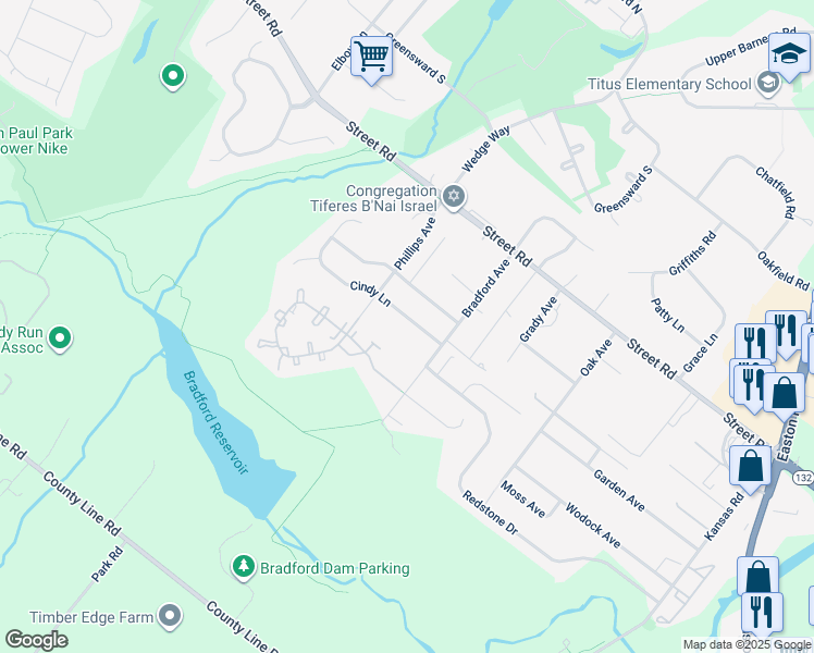 map of restaurants, bars, coffee shops, grocery stores, and more near 2412 Cindy Lane in Warrington