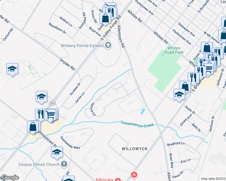 map of restaurants, bars, coffee shops, grocery stores, and more near 1169 Hill Road in Lansdale