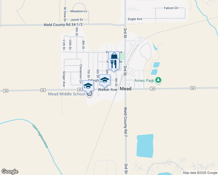 map of restaurants, bars, coffee shops, grocery stores, and more near 106 5th Street in Mead