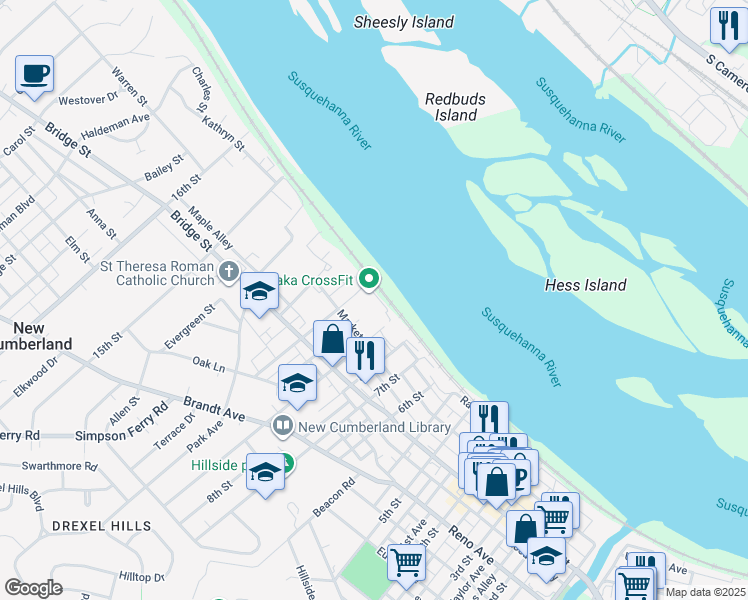 map of restaurants, bars, coffee shops, grocery stores, and more near 915 Market Street in New Cumberland