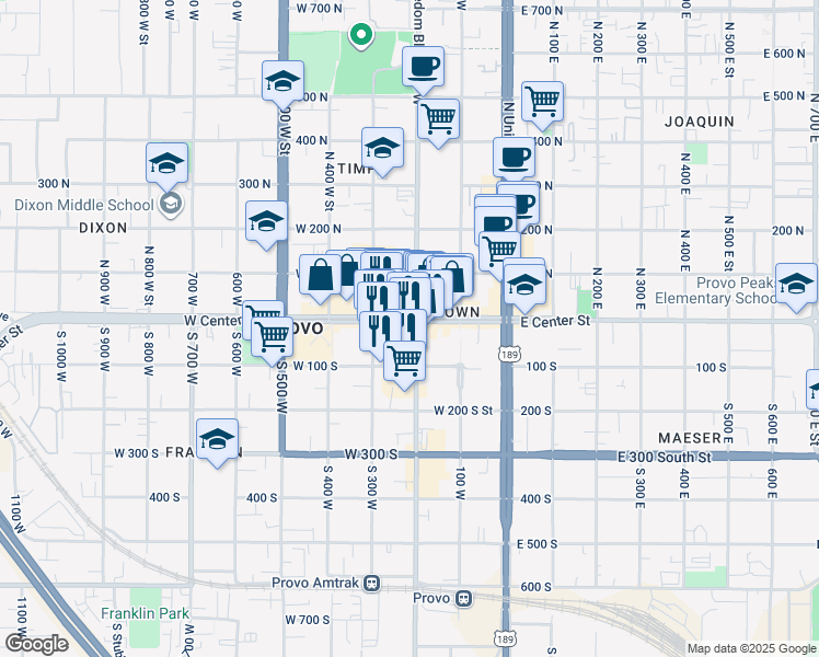 map of restaurants, bars, coffee shops, grocery stores, and more near 201 West Center Street in Provo